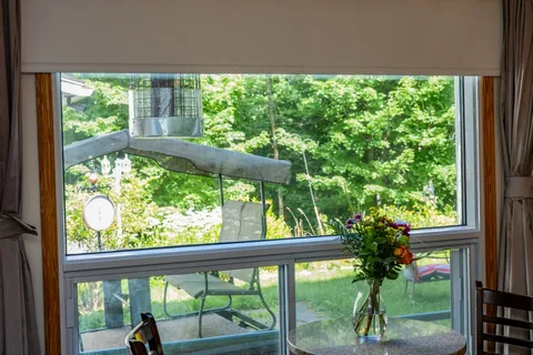 Garden swing and shrubs viewed through a sunroom window.