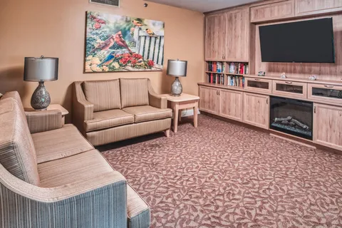 Lounge with sofas, built-in cabinets and a fireplace