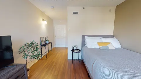 Studio suite with a bed, television and wooden flooring