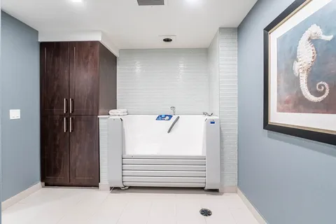 Bathing room with a walk-in bathtub, wooden cabinet and seahorse picture