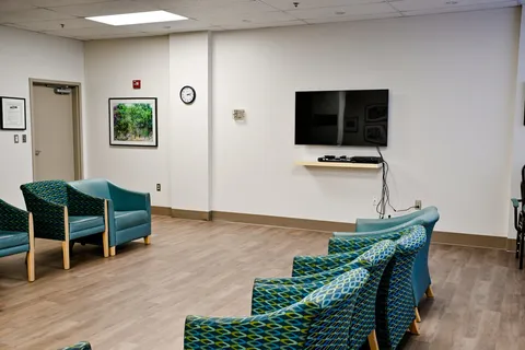 Room with patterned armchairs, wood flooring and a blank television