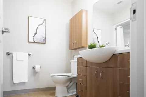 Bathroom with a sink, vanity, toilet and mirror