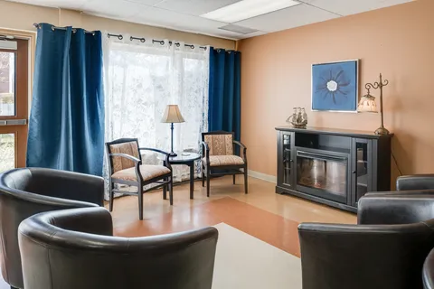 Sitting area with leather armchairs, patterned chairs and a fireplace