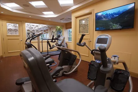 Fitness room with exercise machines and a television showing a mountain landscape