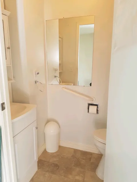Bathroom with a sink, mirror, toilet and grab rails