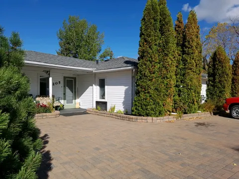 Single-storey residence with a paved driveway, shrubs and tall trees