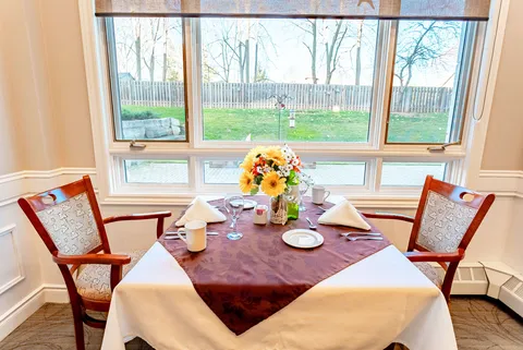 Dining table set with cups, plates and flowers beside a large window