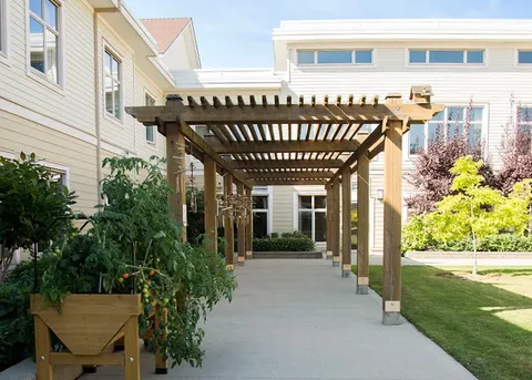 Pergola walkway beside the residence and planted beds.