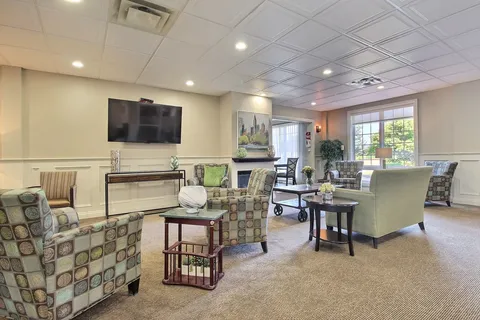 Room with armchairs, a blank television and large windows