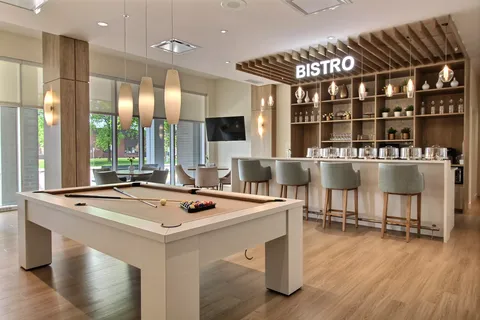 Pool table beside a bar counter with stools and shelves