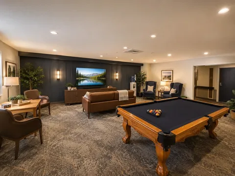 Lounge with a sofa and billiards table.