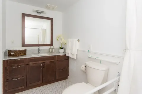 Bathroom with a wooden vanity, mirror, toilet and white grab rails