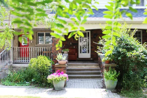 Entrance door above steps with railings, potted flowers and notices