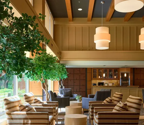 Lounge with striped armchairs, potted trees, round tables and pendant lights.