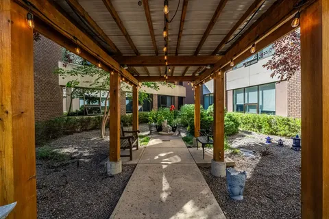 Covered wooden pergola over a courtyard walkway beside garden beds