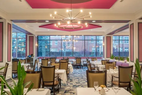 Dining tables and upholstered chairs beneath a pink ceiling