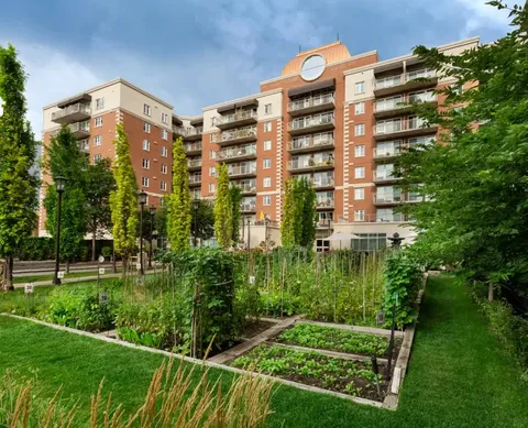 Brick residential building beside a lawn and raised garden beds
