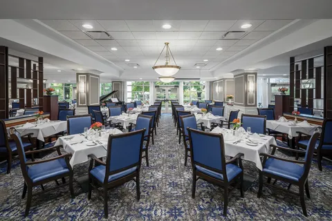 Dining room with white tablecloths, blue chairs and large windows