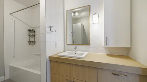 Bathroom vanity and mirror beside a shower.