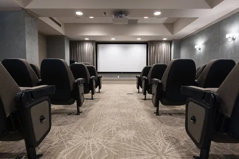 Rows of reclining chairs facing a blank projection screen