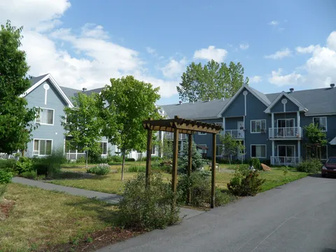 Paved path and wooden pergola between lawns, planted beds and blue buildings