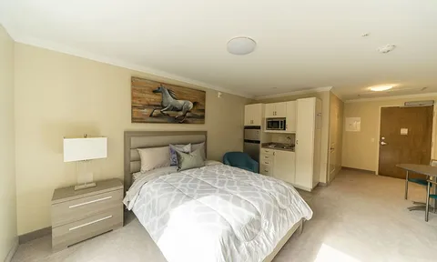 Furnished studio with a bed, kitchenette and dining table.