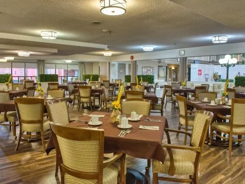 Dining room with tables, woven chairs and large windows