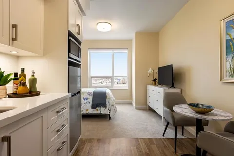 Kitchenette beside a bed, armchair and television
