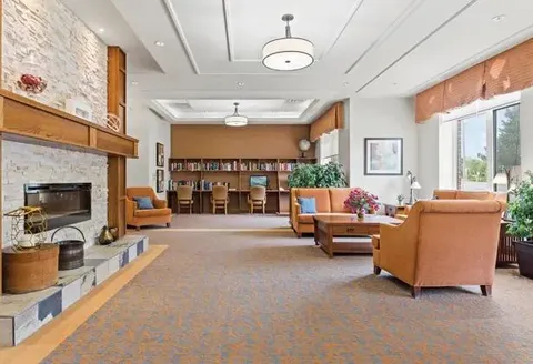 Lounge with sofas, fireplace and a bar counter in the background.