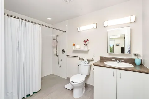 Bathroom with a shower, toilet, sink, wall mirror and grab bars