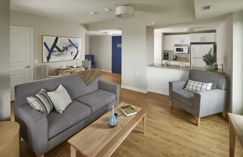 Sitting area with a sofa, armchair, dining table and kitchenette
