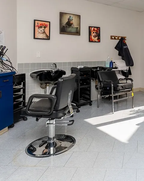 Hair salon with a styling chair, mirrors and a wash basin.