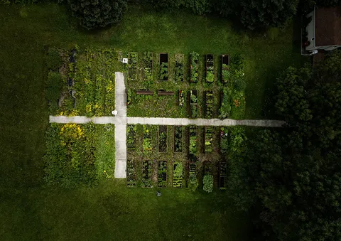 Aerial view of planted garden beds, grass and intersecting paths