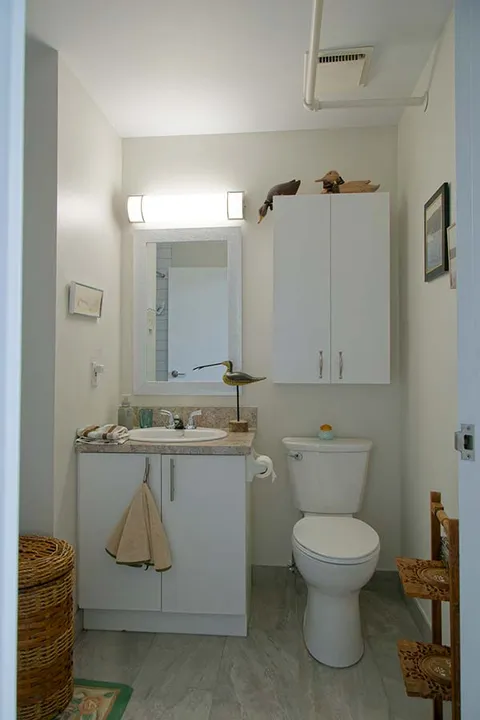 Bathroom with a toilet, sink, mirror and white cabinets
