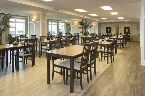 Dining room with square tables, dark wooden chairs and large windows