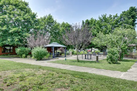 Garden courtyard with trees, patio tables, chairs and covered seating