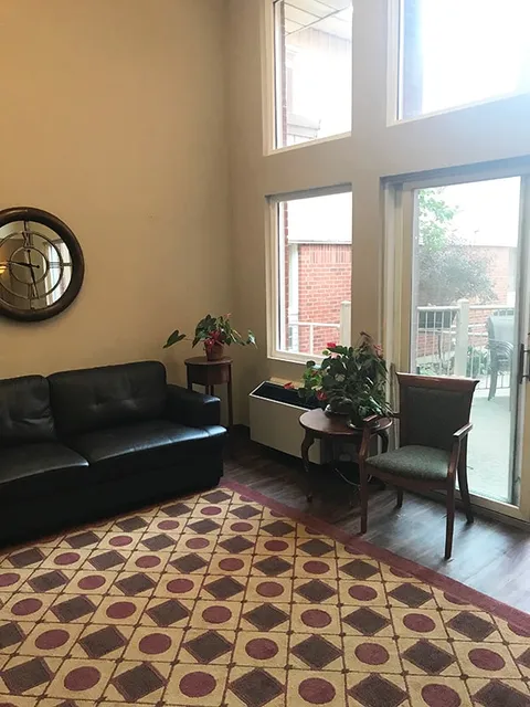 Sitting area with a black sofa, wooden armchair, patterned rug, potted plants and tall windows