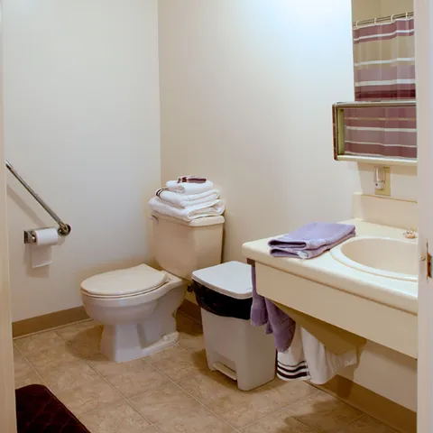 Bathroom with a toilet, sink, mirror, striped shower curtain and grab bar