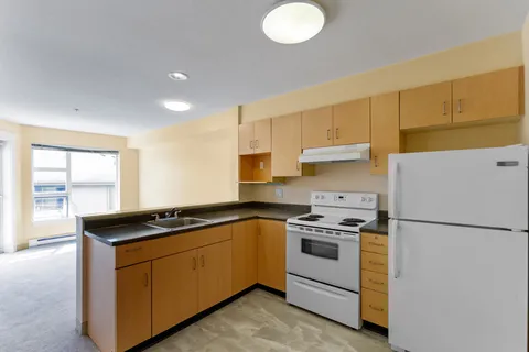 Kitchen with wooden cabinets, a stove, a sink and a refrigerator