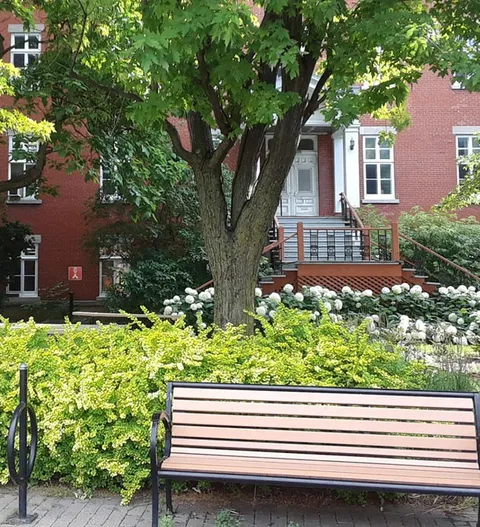 Garden with a bench, trees and planted beds beside a brick building