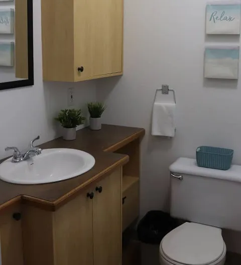 Bathroom with a toilet, sink, wooden cupboard and a wall mirror