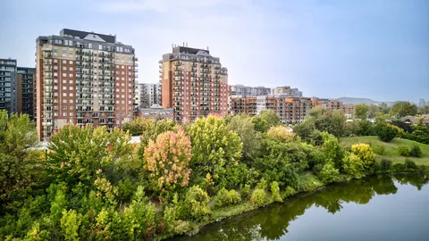 Residence towers above trees beside a lake