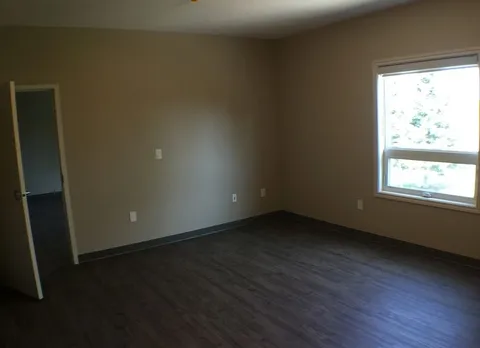 Unfurnished room with wood-look flooring, a window and an open doorway.