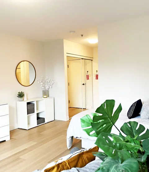 Bedroom with a bed, white cabinets, a round mirror and plants