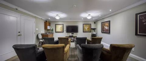 Television room with armchairs and framed leaf artwork