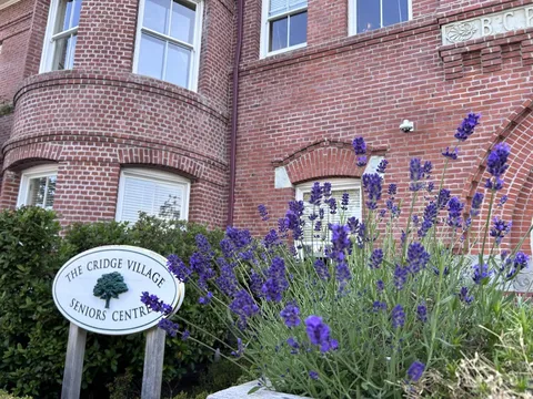 Brick residence facade with bay windows, lavender flowers and a residence sign