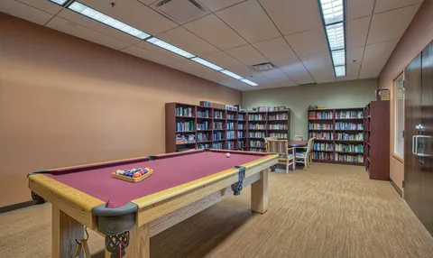 Library and games room with a pool table.