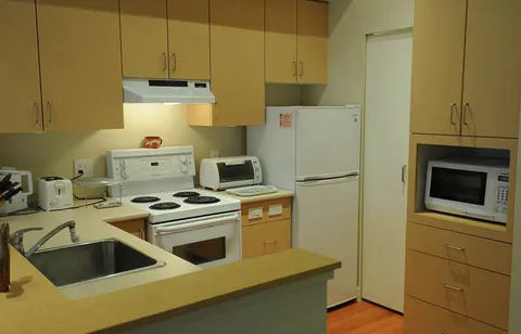 Kitchen with pale cabinets, a stove, refrigerator and microwave