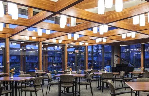 Dining tables and chairs beneath a timber ceiling and pendant lights
