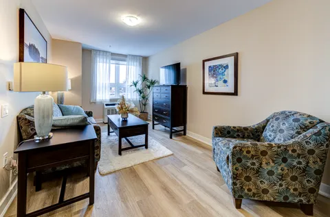 Sitting area with a sofa, patterned armchair, coffee table and television